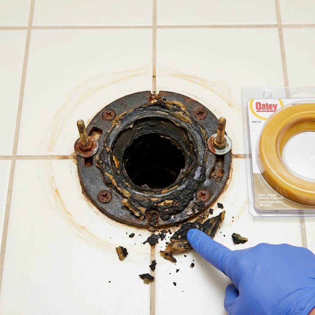 Failed wax ring showing water seepage at the base of a toilet in a Brooksville, MS home