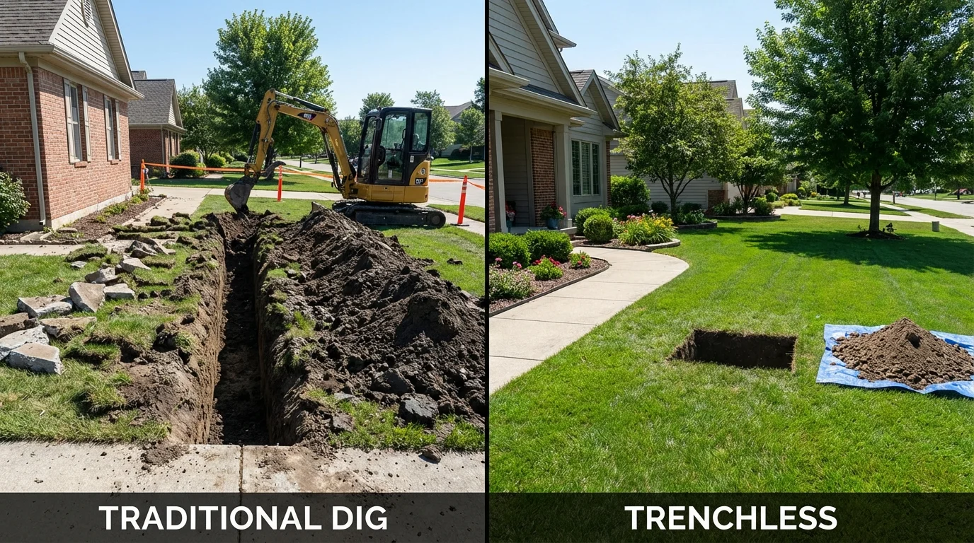 Trenchless sewer repair with minimal yard damage versus traditional excavation in Brooksville, MS