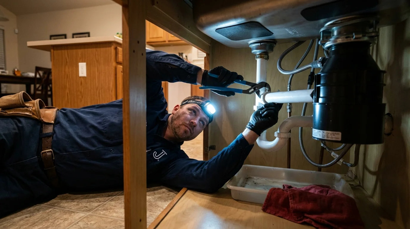 P-trap and supply line connections under a kitchen sink showing a common leak point in Brooksville, MS